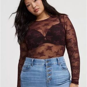 NWT Torrid Sheer Lace Blouse - Dark Brown
